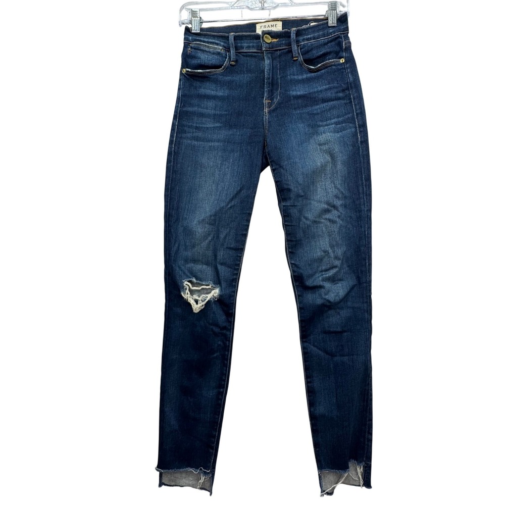 Frame Le High Skinny Jeans Women 24 Distressed Step Hem Dark Wash Baisley